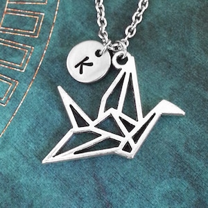 Origami Crane Necklace Paper Crane Jewelry Geometric Necklace Initial Necklace Silver Necklace Crane Charm Necklace Japanese Crane Pendant