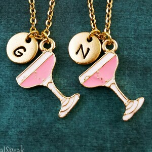 Pink Champagne Necklace SET of 2 Champagne Glass Necklaces Charm Necklaces Best Friend Necklaces Best Friend Gift Friendship Jewelry Initial