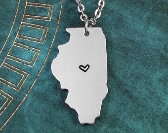 Illinois Necklace, Personalized Jewelry, Hand Stamped Necklace, Long Distance Relationship, State Necklace, Map Necklace, Heart State