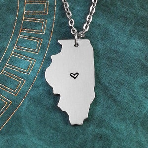 Illinois Necklace, Personalized Jewelry, Hand Stamped Necklace, Long Distance Relationship, State Necklace, Map Necklace, Heart State image 1