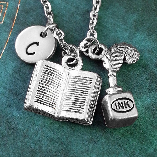 Inkwell Necklace, Quill Necklace, Book Necklace, Personalized Necklace, Writing Necklace, Writer Jewelry, Teacher Gift Author Charm Necklace