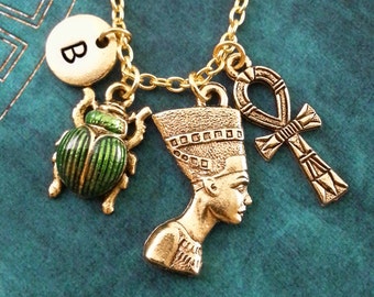 Nefertiti Necklace Ankh Necklace Personalized Necklace Egyptian Jewelry Egyptian Necklace Green Scarab Beetle Necklace Gold Pendant Necklace