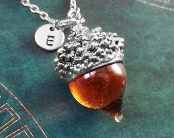 Acorn Necklace Acorn Jewelry Glass Acorn Charm Necklace Silver Acorn Pendant Necklace Squirrel Jewelry Nature Jewelry Custom Initial Jewelry