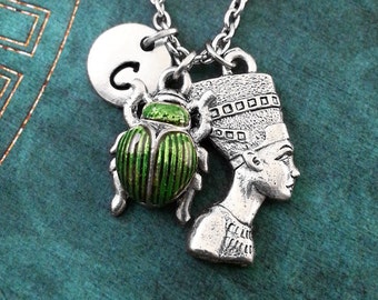 Nefertiti Necklace SMALL Scarab Necklace Personalized Jewelry Egyptian Jewelry Egyptian Necklace Green Beetle Necklace Pendant Necklace