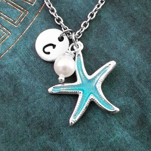 Starfish Necklace Silver Blue Starfish Jewelry Starfish Gift Pearl Necklace Beach Jewelry Sea Necklace Ocean Necklace Personalized Jewelry