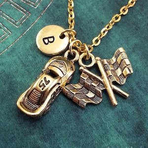 Race Car Flags Necklace Gold Race Car Charm Personalized Necklace Pendant Racing Necklace Engraved Necklace Keychain Race Driver Necklace