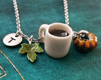 Pumpkin Spice Latte Necklace Pumpkin Spice Necklace Pumpkin Spice Coffee Necklace Green Maple Leaf Necklace Autumn Jewelry Pumpkin Necklace