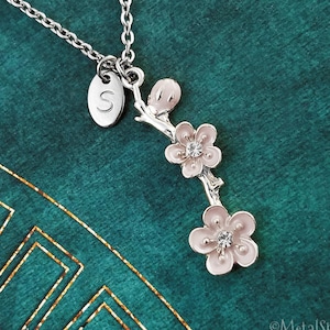 Cherry Blossom Necklace White Flower Branch Necklace Flower Jewelry Charm Necklace Pendant Necklace Personalized Necklace Initial Necklace