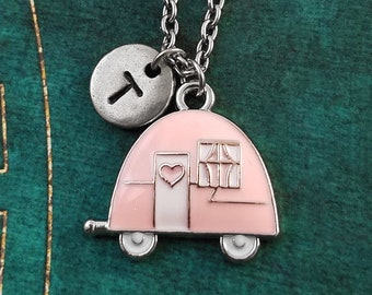 Trailer Necklace Pink Trailer Charm Necklace Cute Trailer Jewelry Trailer Pendant Caravan Necklace Bridesmaid Necklace Personalized Initial