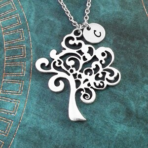 Tree Necklace Filigree Tree Jewelry Curly Tree Charm Necklace Silver Tree Pendant Necklace Monogram Necklace Bridesmaid Necklace Initial