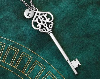 Key Necklace LARGE Key Charm Necklace Skeleton Key Jewelry Antique Key Vintage Key Pendant Personalized Jewelry Initial Necklace Key Gift