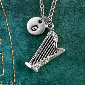 Harp Necklace SMALL Harp Charm Necklace Harp Pendant Rhinestone Harp Jewelry Harpist Gift Music Jewelry Initial Necklace Bridesmaid Necklace