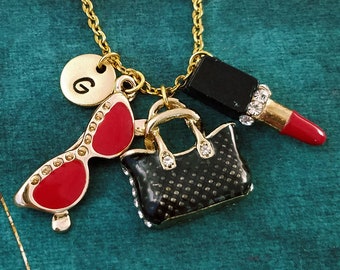 Purse Necklace Sunglasses Necklace Lipstick Necklace Fashion Necklace Fashion Jewelry Women's Jewelry Fashionista Personalized Initial Charm