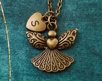 Angel Necklace Bronze Angel Charm Necklace Angel Pendant Necklace Mourning Condolence Gift Custom Necklace Personalized Initial Necklace