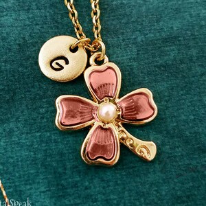 Flower Necklace Pink Flower Charm Necklace Flower Jewelry Gardener Gift Four Leaf Clover Necklace Bridesmaid Jewelry Flower Girl Necklace