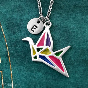 Origami Crane Necklace Paper Crane Jewelry Geometric Necklace Initial Necklace Stained Glass Necklace Crane Charm Japanese Crane Pendant