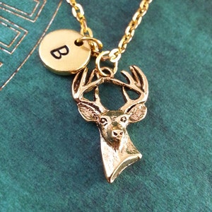 Deer Necklace, Animal Necklace, Hunting Necklace, Initial Necklace, Wildlife Jewelry, Engraved Necklace, Gold Charm Necklace, Stag Necklace