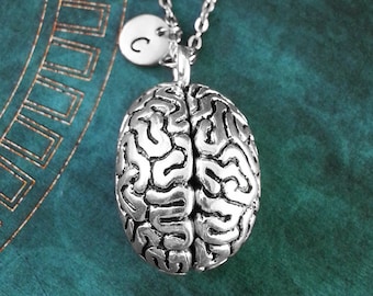 LARGE Anatomical Brain Necklace, Personalized Necklace, Engraved Necklace Human Brain Necklace, Monogram Necklace Gothic Charm Necklace