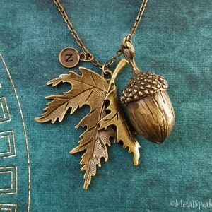Eichel Blatt Halskette Anhänger Halskette Eichel Charm Halskette Bronze Halskette Herbst Schmuck Herbst Schmuck Personalisierte Initial