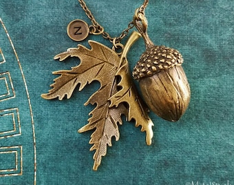 Acorn Necklace Maple Leaf Necklace Pendant Necklace Acorn Charm Necklace Bronze Necklace Fall Jewelry Autumn Jewelry Personalized Initial