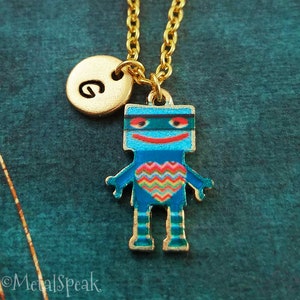 Blue Robot Necklace Cute Little Robot Charm Necklace Robot Jewelry Girlfriend Necklace Love Robot Pendant Personalized Initial Necklace Nerd