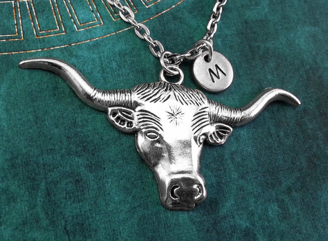 Bull Head Necklace, LARGE Personalized Necklace, Bull Head Pendant ...