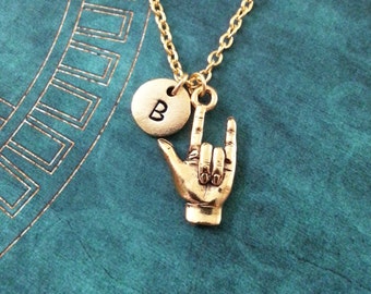 I Love You Necklace Gold Sign Language Necklace I Love You Hand Necklace Hearing Impaired Gift Deaf Awareness Rocker Jewelry Deaf Love Gift