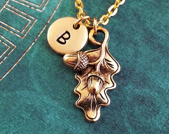 Oak Leaf Necklace, Acorn Necklace Personalized Necklace Gold Fall Necklace Autumn Jewelry Charm Necklace Initial Keychain Hand Stamped