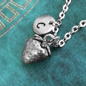 Silver Strawberry Necklace, Cute Fruit Jewelry, Personalized Necklace, Fruit Necklace, Monogram Necklace, Strawberry Charm Necklace