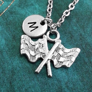 Racing Flag Necklace, Personalized Necklace, Race Flag Pendant, Custom Necklace, Racing Gift, Monogram Necklace, Race Car Charm Necklace