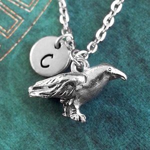 Raven Necklace, Personalized Necklace, Raven Pendant, Custom Raven Gift, Silver Monogram Necklace, Literary Gift, Book Lover Gift