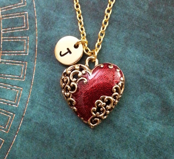 Red Heart Necklace Gold Heart Charm Necklace Personalized