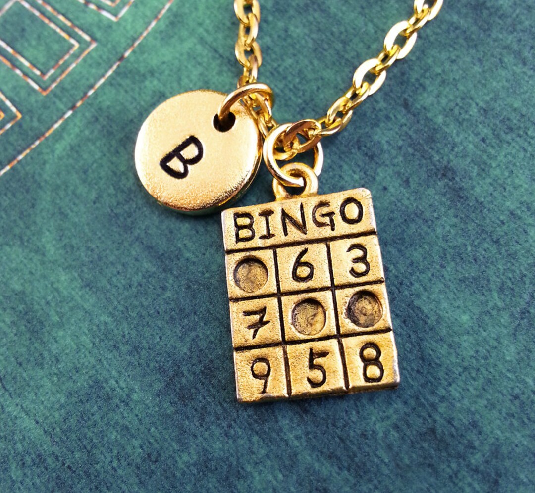 Bingo Necklace, Gold Bingo Card Charm, Hand Stamped Necklace, Engraved