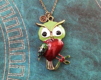 Owl Necklace LARGE Owl Jewelry Enamel Owl Charm Necklace Owl Pendant Necklace Owl Gift Monogram Necklace Initial Necklace Bronze Necklace