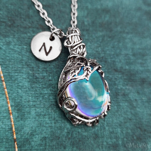 Amulet Necklace SMALL Clear Blue Gem Resin Magic Amulet Pendant Necklace Iridescent Charm Personalized Engraved Jewelry Custom Initial Gift