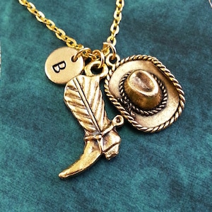 Cowboy Boot Hat Necklace Gold Boot Charm Personalized Necklace Hand Stamped Initial Necklace Engraved Necklace Cowboy Hat Keychain Western