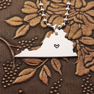 Virginia Necklace Personalized Jewelry Hand Stamped Long Distance Relationship Girlfriend Gift Couples Necklace Heart Map State Necklace