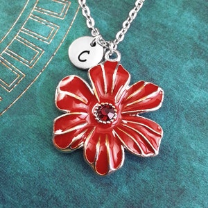 Red Flower Necklace, Flower Keychain, Nature Necklace Personalized Necklace Hand Stamped Necklace Charm Necklace Engraved Necklace Initial
