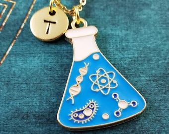 Beaker Necklace Science Jewelry Atom Charm Bacteria DNA Pendant Necklace Personalized Initial Letter Nerd Jewelry STEM Teacher Gift Under 30