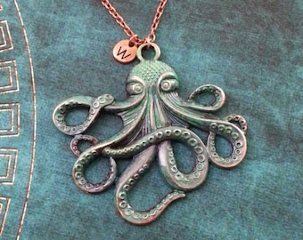 Octopus Necklace VERY LARGE Blue Patina Octopus Jewelry Personalized Jewelry Kraken Necklace Octopus Gift Copper Octopus Pendant Necklace