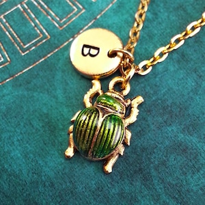 Green Beetle Necklace VERY SMALL Bug Necklace Custom Initial Necklace Personalized Charm Necklace Scarab Necklace Monogram Necklace Egyptian