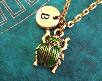 Green Beetle Necklace VERY SMALL Bug Necklace Custom Initial Necklace Personalized Charm Necklace Scarab Necklace Monogram Necklace Egyptian