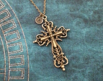 Cross Necklace LARGE Bronze Cross Jewelry Christian Cross Christian Necklace Gothic Cross Pendant Necklace Cross Charm Necklace Goth Jewelry