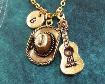 Cowboy Hat Guitar Necklace Gold Guitar Charm Personalized Necklace Initial Engraved Necklace Cowboy Hat Keychain Western Country Music