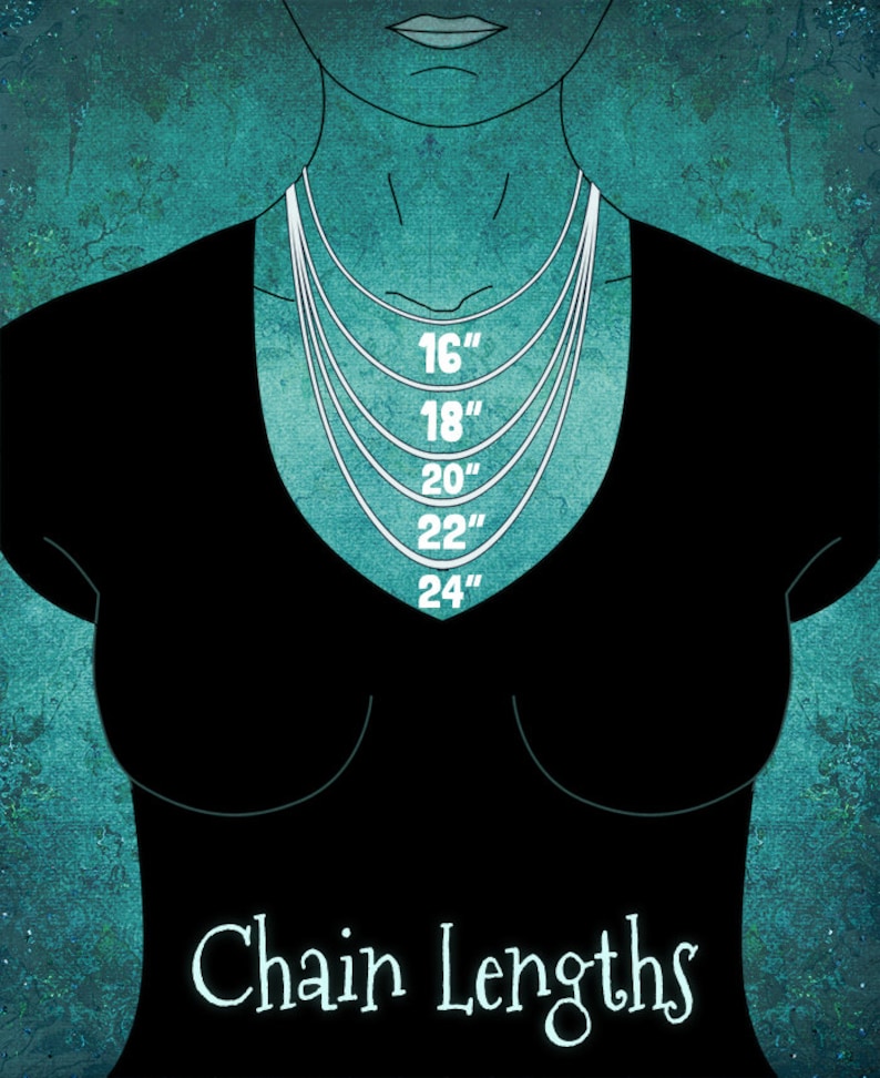 May include: Diagram showing different chain lengths for necklaces, from 16 inches to 24 inches, on a model wearing a black top against a teal background. The text "Chain Lengths" is at the bottom of the image.
