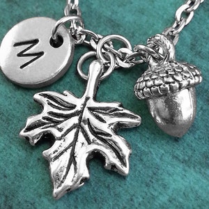Acorn & Leaf Necklace, SMALL Personalized Necklace, Leaf Pendant, Custom Necklace, Autumn Necklace, Monogram Necklace Acorn Charm Necklace