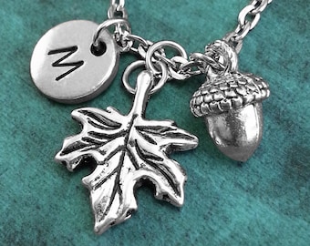 Acorn & Leaf Necklace, SMALL Personalized Necklace, Leaf Pendant, Custom Necklace, Autumn Necklace, Monogram Necklace Acorn Charm Necklace