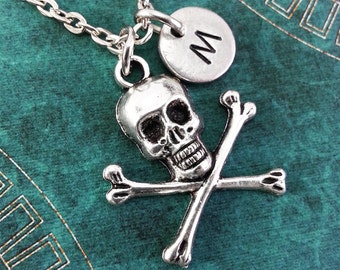 Skull and Bones Necklace, Initial Necklace, Skeleton Pendant Necklace, Crossbones Charm, Monogram Necklace, Pirate Jewelry Personalized