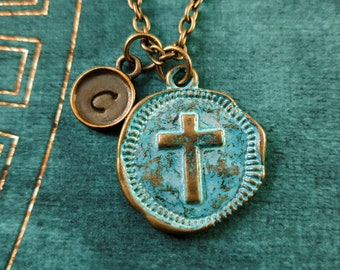 Cross Necklace SMALL Bronze Cross Charm Necklace Antique Coin Necklace Christian Jewelry Patina Wax Seal Medallion Necklace Cross Pendant