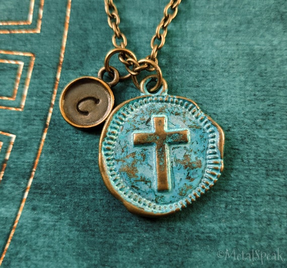 Cross Necklace SMALL Bronze Cross Charm Necklace Antique Coin Necklace Christian Jewelry Patina Wax Seal Medallion Necklace Cross Pendant Etsy UK